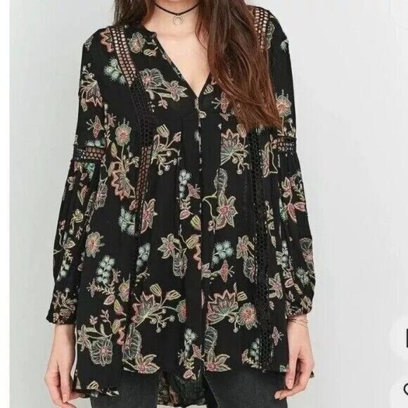 Free People Just The‎ Two Of Us Printed V Neck Floral Swing Tunic  Small - Picture 1 of 9